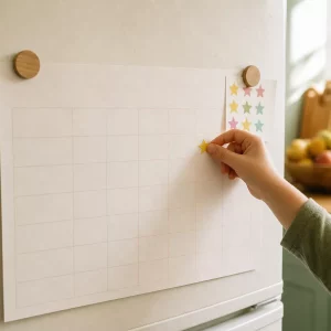 Haushaltsplan mit Kindern hängt mit Sternaufklebern am Kühlschrank