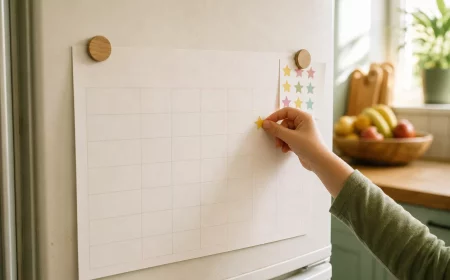 Haushaltsplan mit Kindern hängt mit Sternaufklebern am Kühlschrank