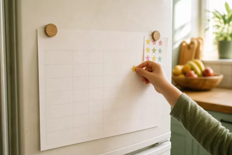 Haushaltsplan mit Kindern hängt mit Sternaufklebern am Kühlschrank