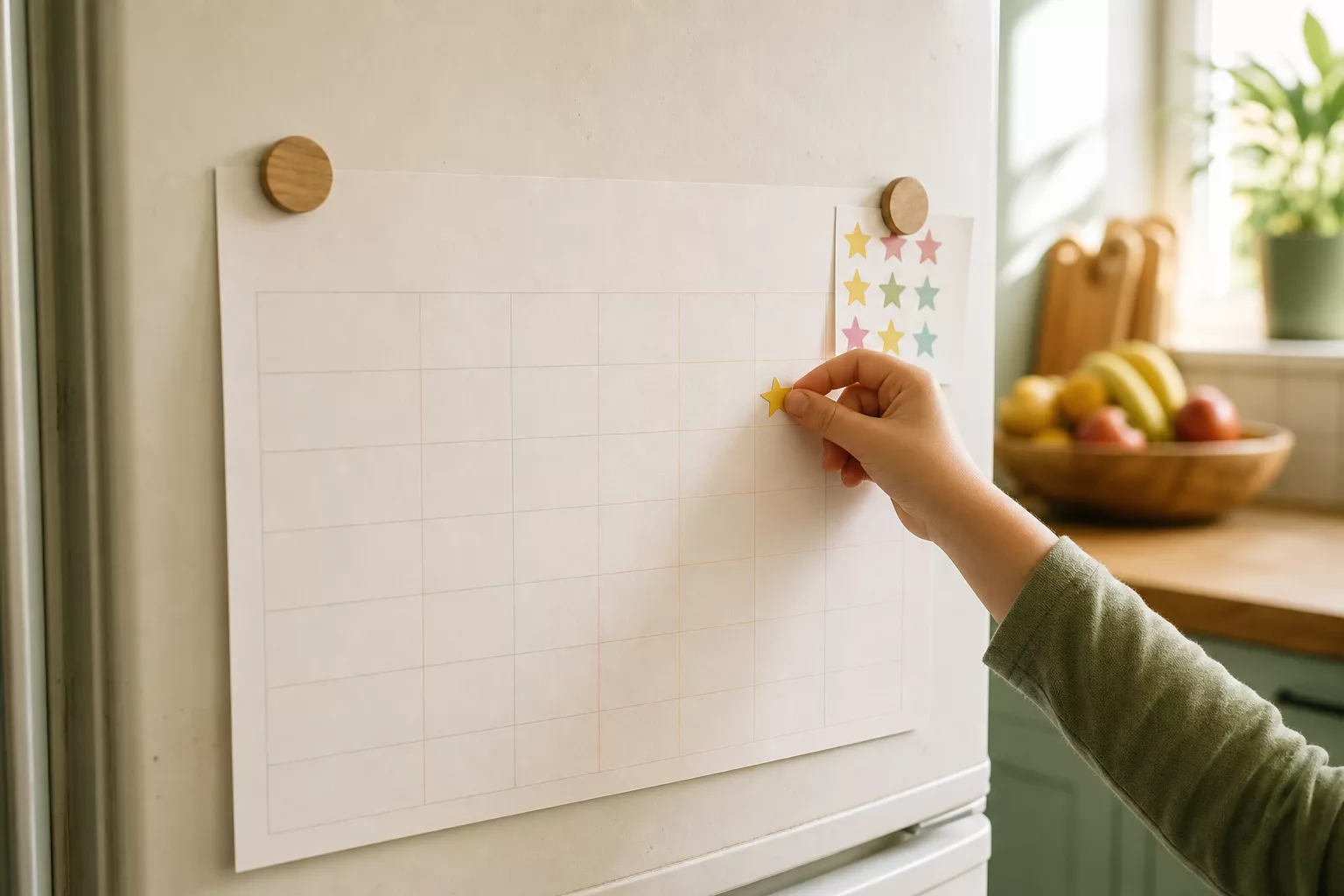 Haushaltsplan mit Kindern hängt mit Sternaufklebern am Kühlschrank