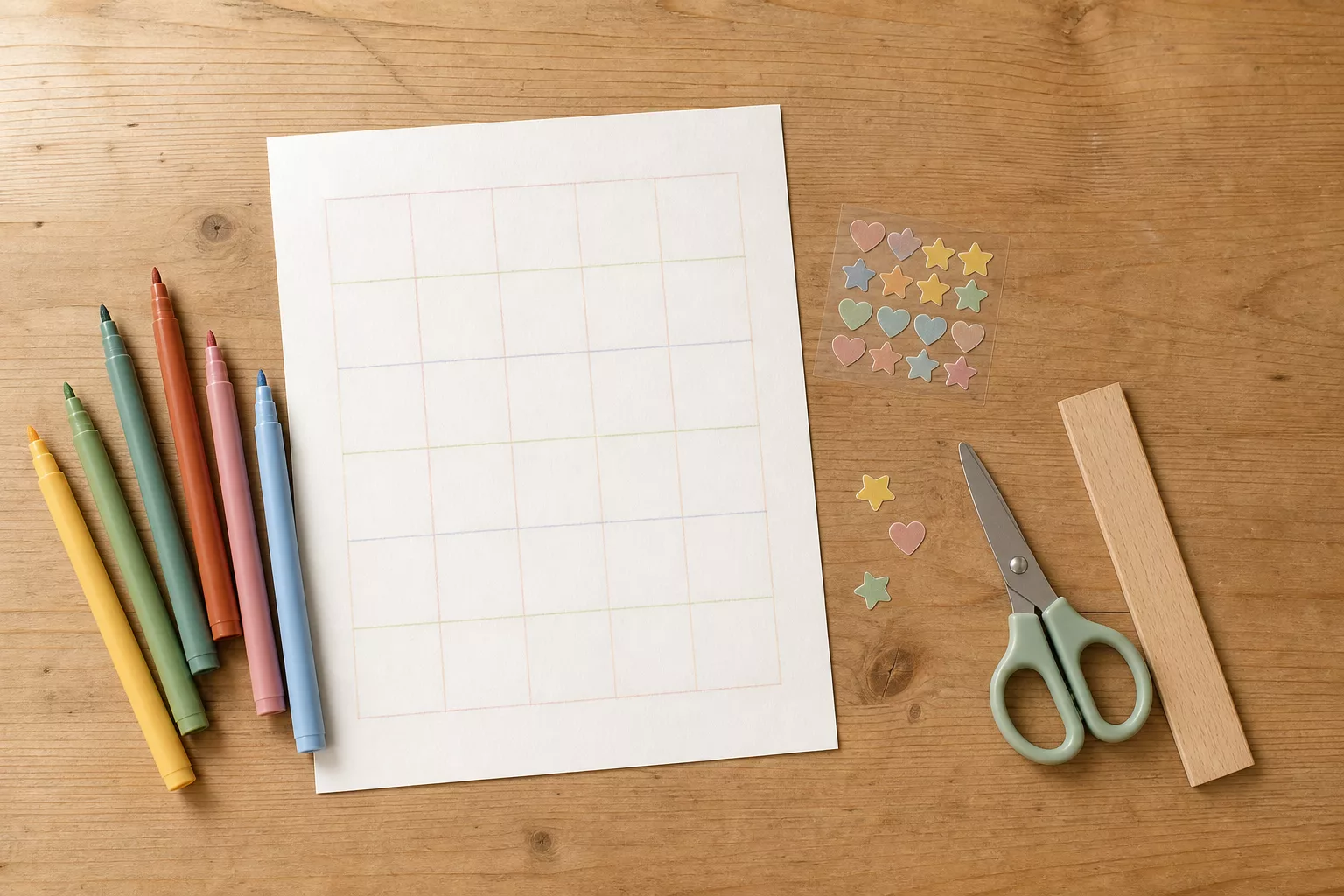 Materialien für einen selbstgemachten Haushaltsplan von oben fotografiert