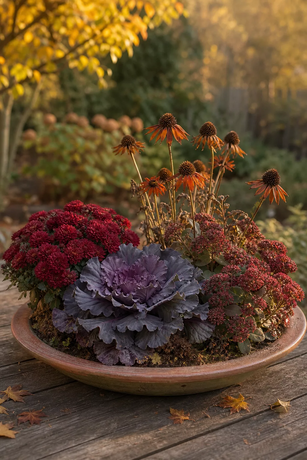 Herbstliche Schale mit Zierkohl, Chrysanthemen und rotem Sedum