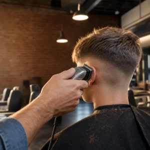 Barber schneidet trendige Frisur für Teenager Jungs mit Clipper