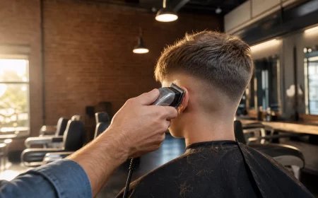 Barber schneidet trendige Frisur für Teenager Jungs mit Clipper