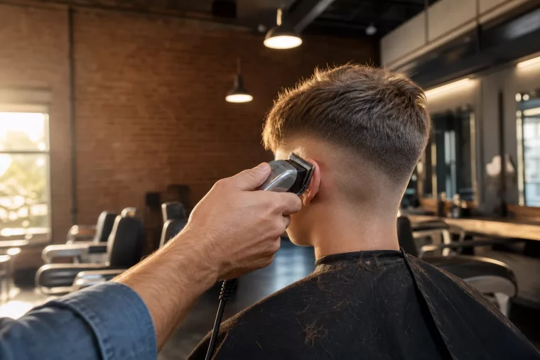 Barber schneidet trendige Frisur für Teenager Jungs mit Clipper