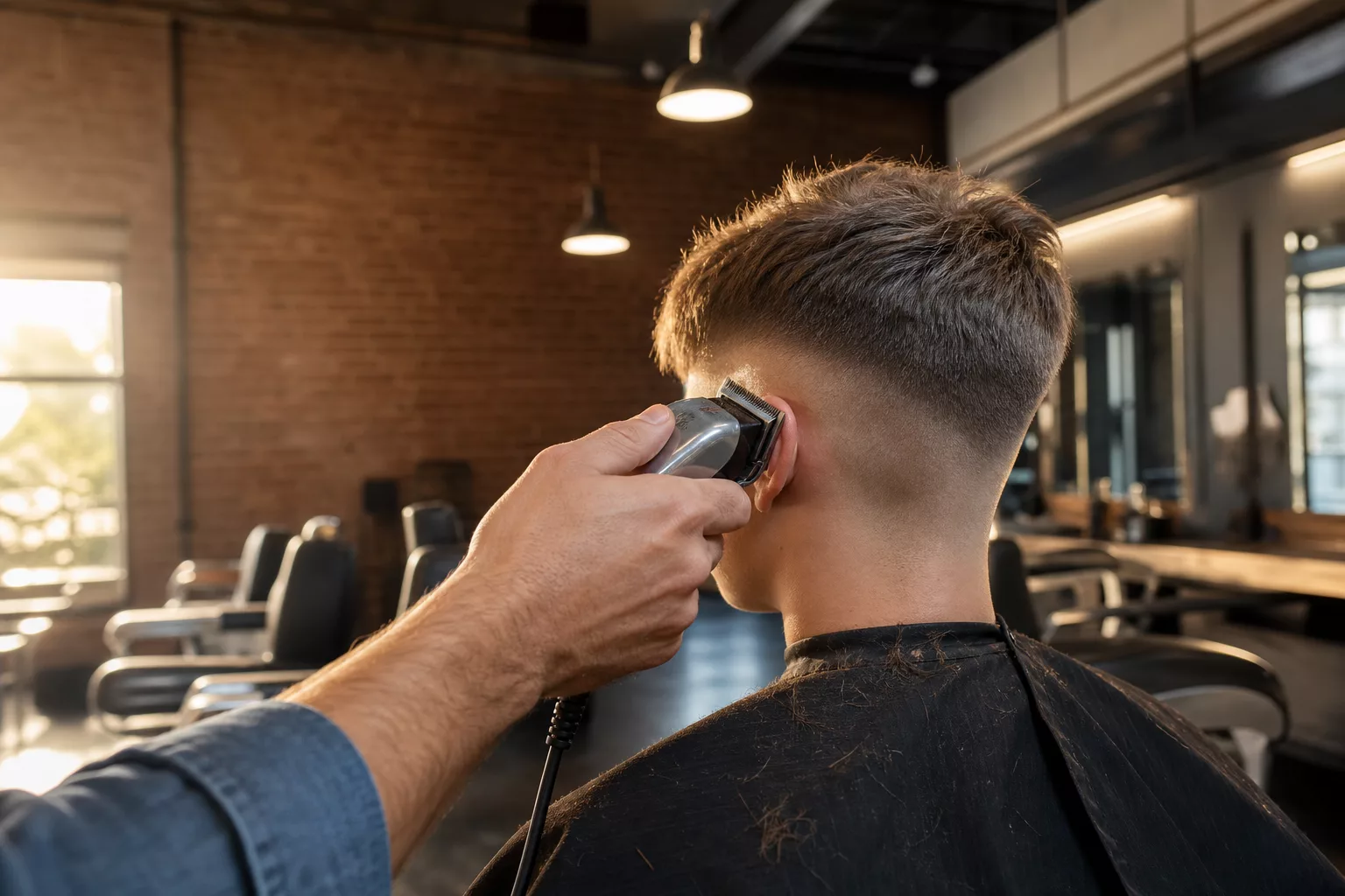 Barber schneidet trendige Frisur für Teenager Jungs mit Clipper