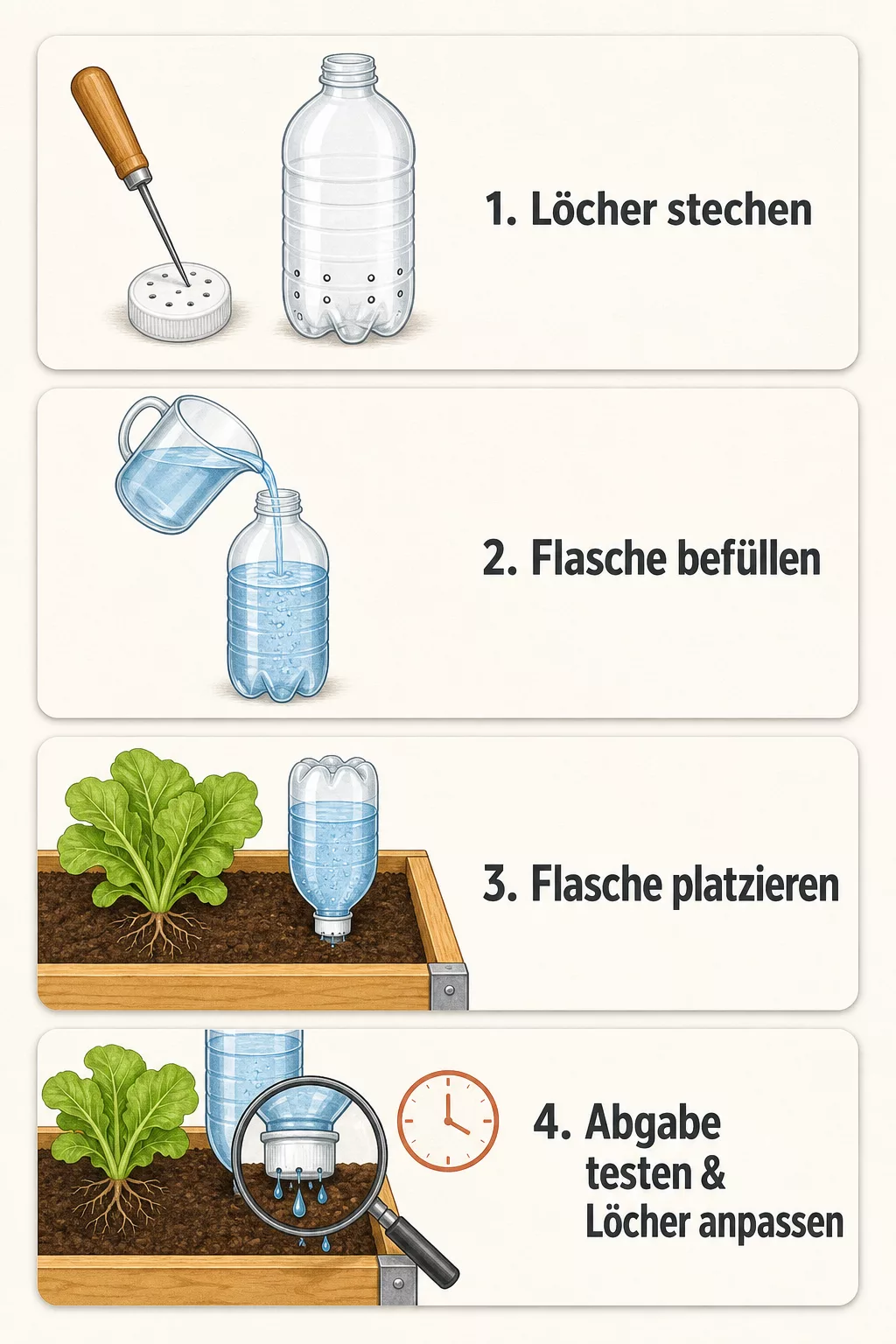 Grafik zeigt vier Schritte zum Bau der Flaschen-Bewässerung fürs Hochbeet