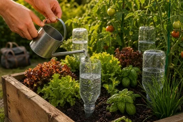 Hände füllen die letzte Wasserflasche im Hochbeet kurz vor der Abreise auf