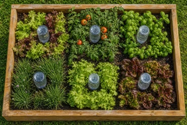 Draufsicht auf ein Hochbeet mit gleichmäßig über mehrere Zonen verteilten Flaschen