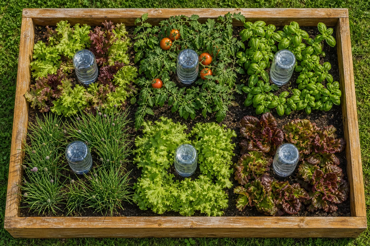 Draufsicht auf ein Hochbeet mit gleichmäßig über mehrere Zonen verteilten Flaschen