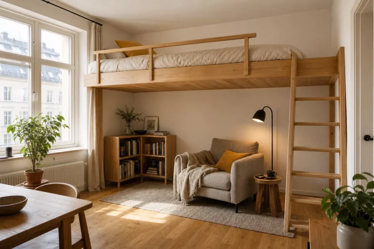 Hochbett für Erwachsene nutzt Raum in kleiner Wohnung optimal