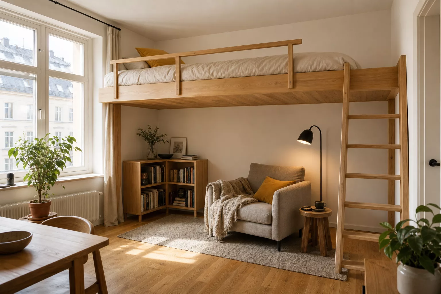 Hochbett für Erwachsene nutzt Raum in kleiner Wohnung optimal
