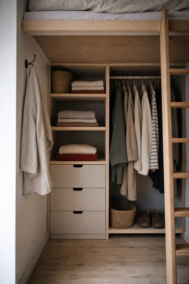 Hochbett mit eingebautem Kleiderschrank und Schubladen darunter