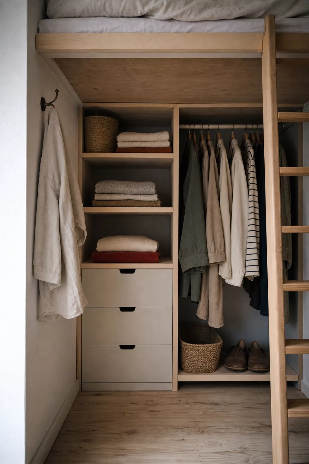Hochbett mit eingebautem Kleiderschrank und Schubladen darunter