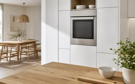 Backofen auf Augenhöhe im weißen Hochschrank eingebaut
