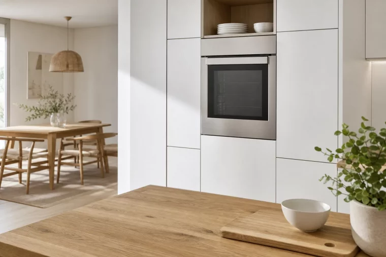 Backofen auf Augenhöhe im weißen Hochschrank eingebaut