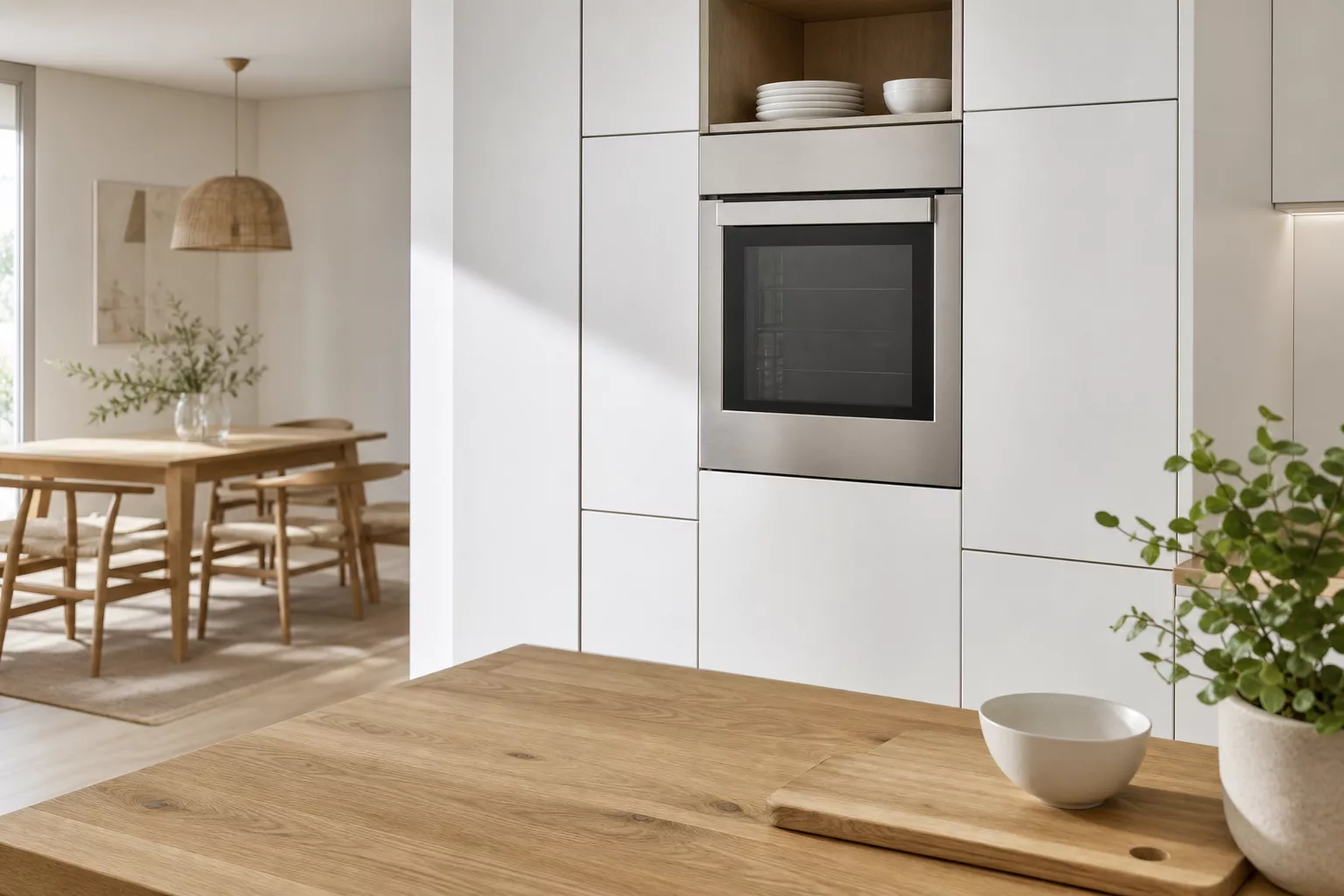 Backofen auf Augenhöhe im weißen Hochschrank eingebaut