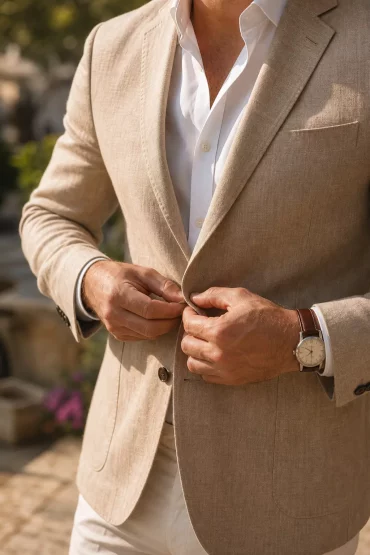 Hochzeitsgast-Outfit Detail beim Anziehen des Sakkos