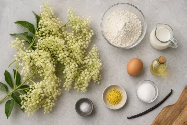 Zutaten und frische Holunderblüten für den Ausbackteig