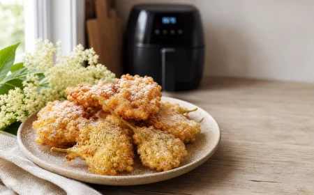 Gebackene Holunderblüten im Airfryer, knusprig und mit Puderzucker bestäubt