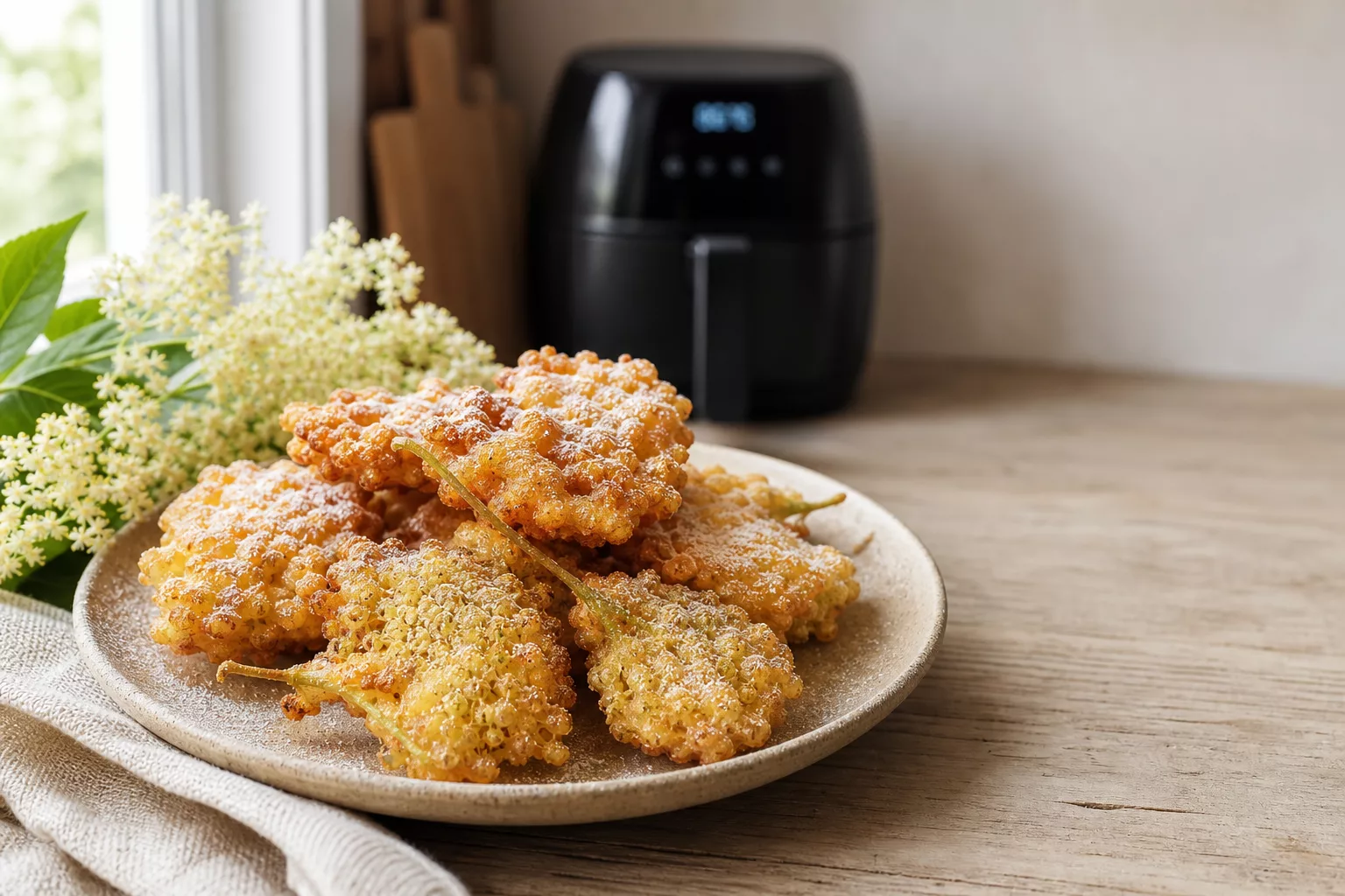 Gebackene Holunderblüten im Airfryer, knusprig und mit Puderzucker bestäubt