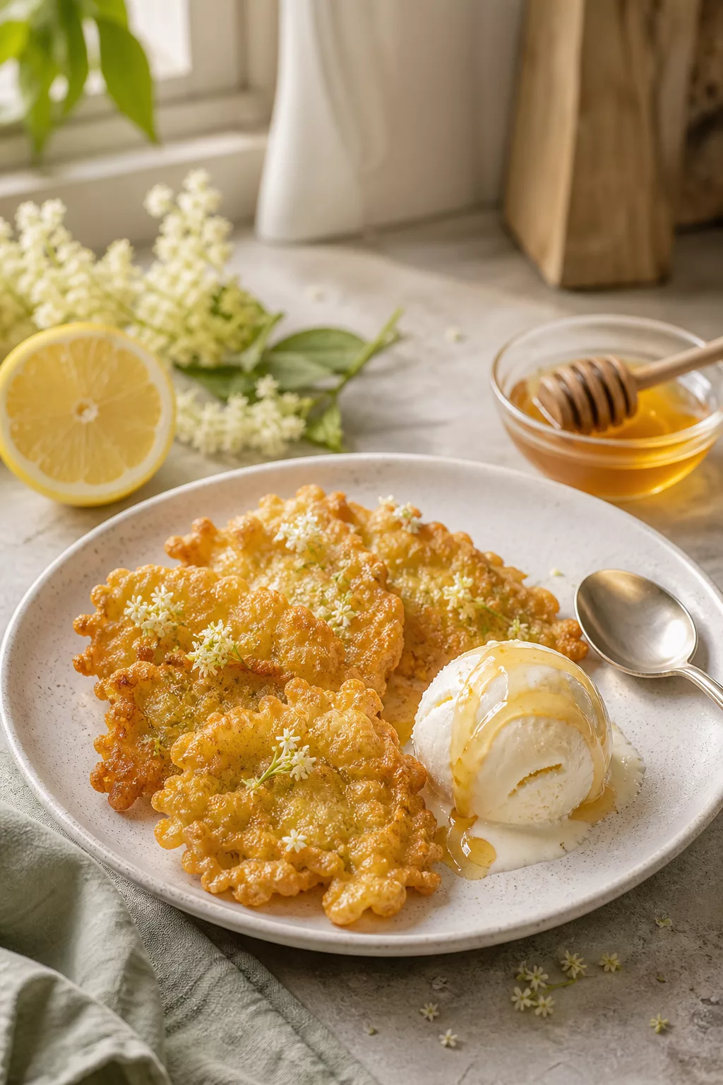 Holunderblütenküchle als Dessert mit Vanilleeis und Honig