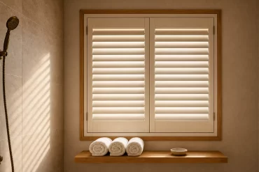 Holzjalousien am Fenster im Badezimmer neben der Dusche