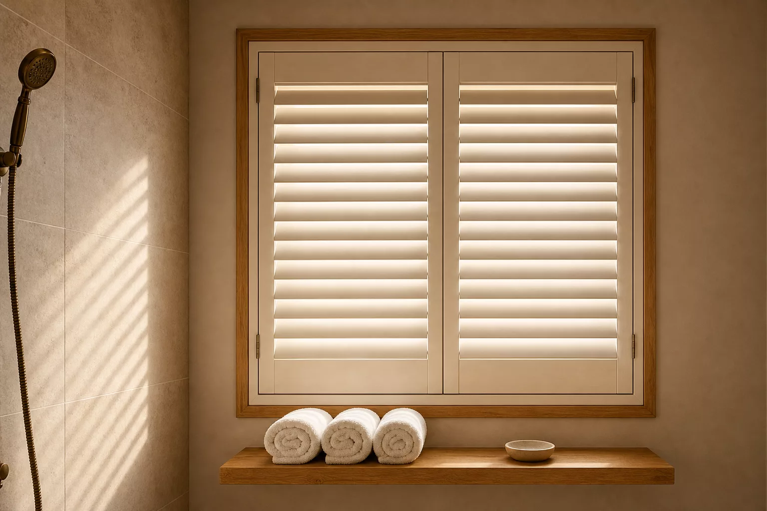 Holzjalousien am Fenster im Badezimmer neben der Dusche