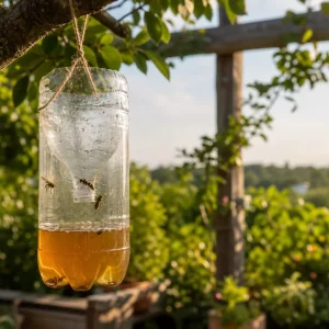Selbstgebaute Hornissenfalle aus PET-Flasche hängt im Garten