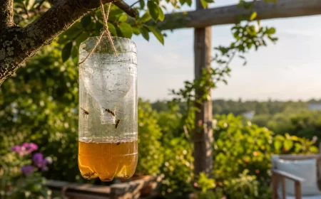 Selbstgebaute Hornissenfalle aus PET-Flasche hängt im Garten