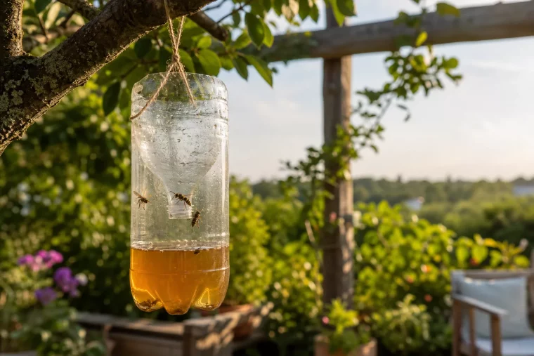 Selbstgebaute Hornissenfalle aus PET-Flasche hängt im Garten