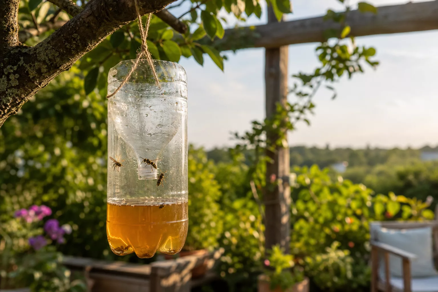 Selbstgebaute Hornissenfalle aus PET-Flasche hängt im Garten
