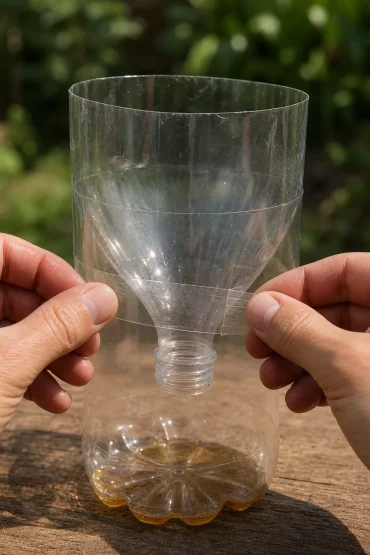 Flaschenhals als Trichter für die selbstgebaute Hornissenfalle