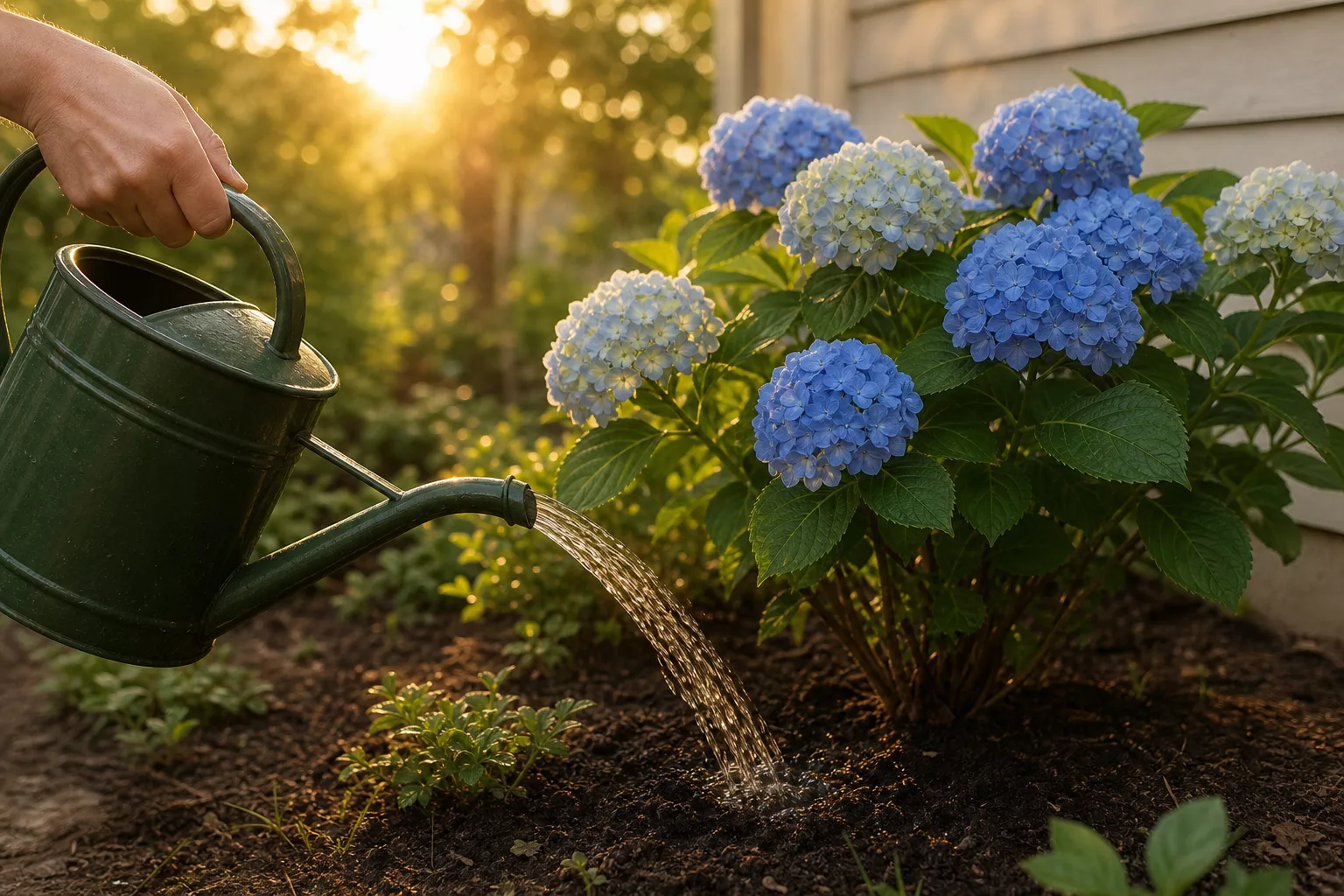 Abendliches bodennahes Gießen einer Hortensie im Beet