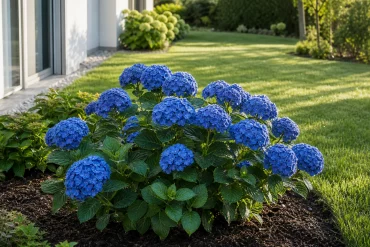 Erholte Hortensie mit aufrechten blauen Blüten im Morgenlicht