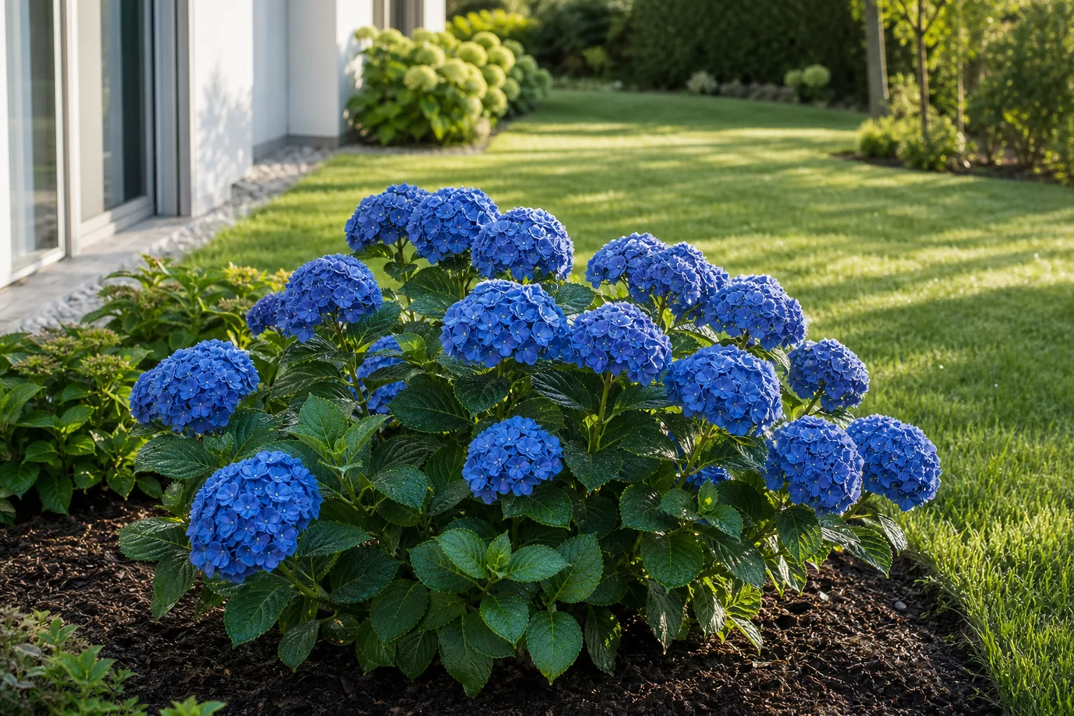 Erholte Hortensie mit aufrechten blauen Blüten im Morgenlicht
