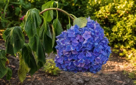 Hortensie lässt Blätter und Blüten im sonnigen Gartenbeet hängen
