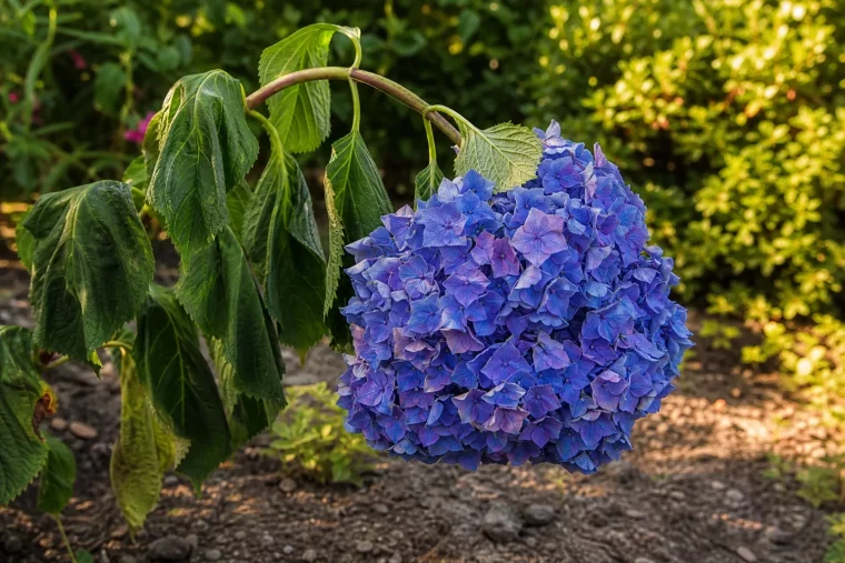 Hortensie lässt Blätter und Blüten im sonnigen Gartenbeet hängen