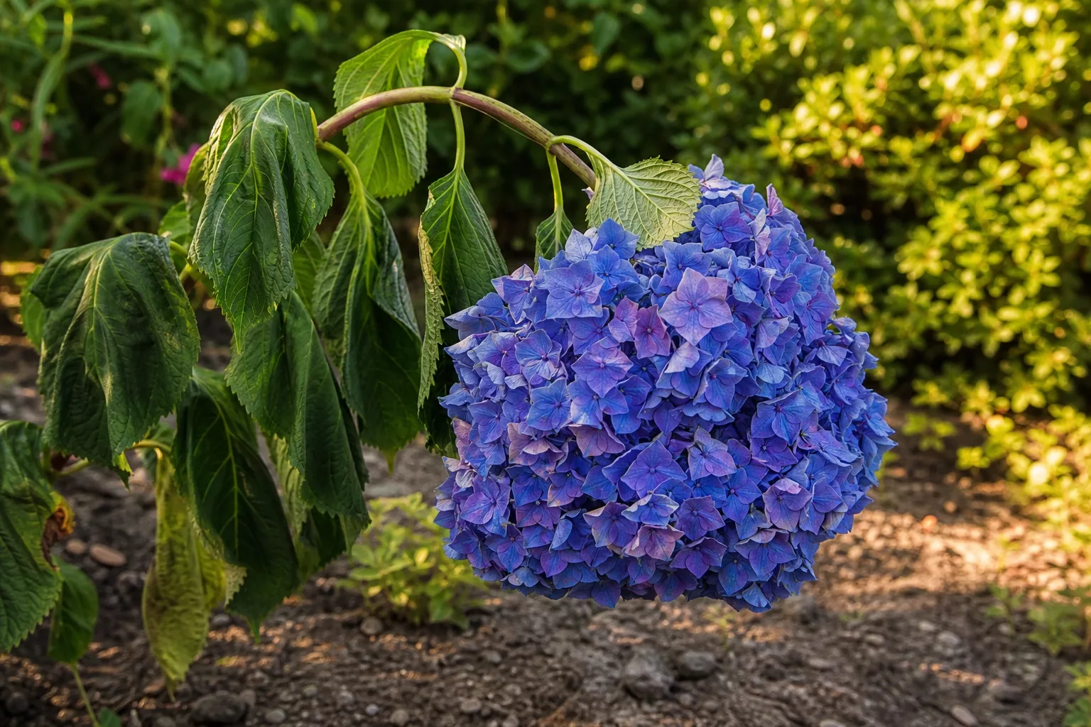 Hortensie lässt Blätter und Blüten im sonnigen Gartenbeet hängen
