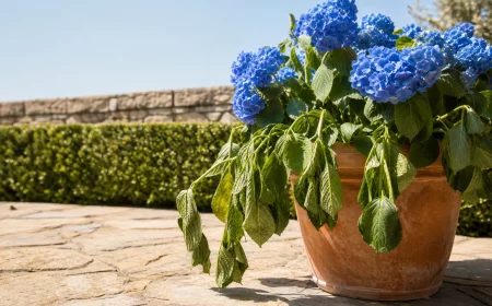 Hortensie schlappt bei Mittagshitze im Terrakotta-Kübel auf Terrasse