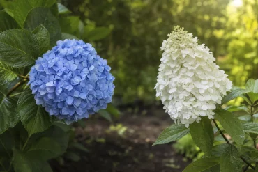 Runde Hortensienblüte neben kegelförmiger Rispenhortensienblüte im Vergleich