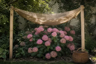 Rosa Hortensie unter improvisiertem Schattennetz an Holzpfosten