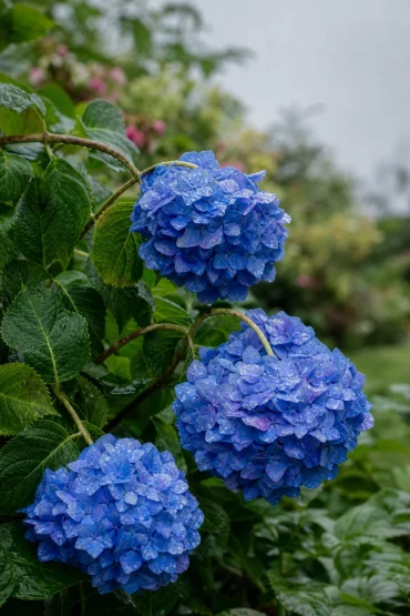 Schwere blaue Hortensienblüten biegen dünne Zweige nach dem Regen