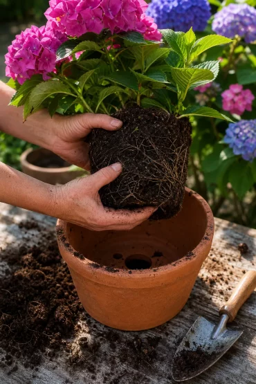 Hände topfen Hortensie in größeren Terrakotta-Kübel mit Drainagelöchern um