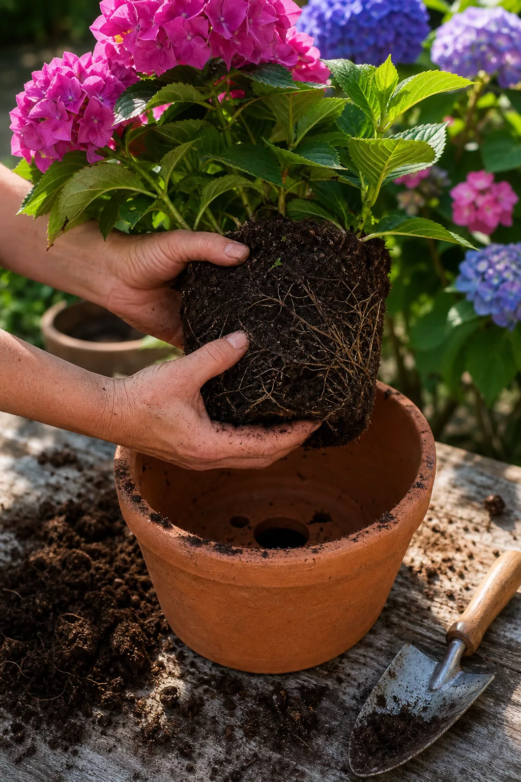 Hände topfen Hortensie in größeren Terrakotta-Kübel mit Drainagelöchern um