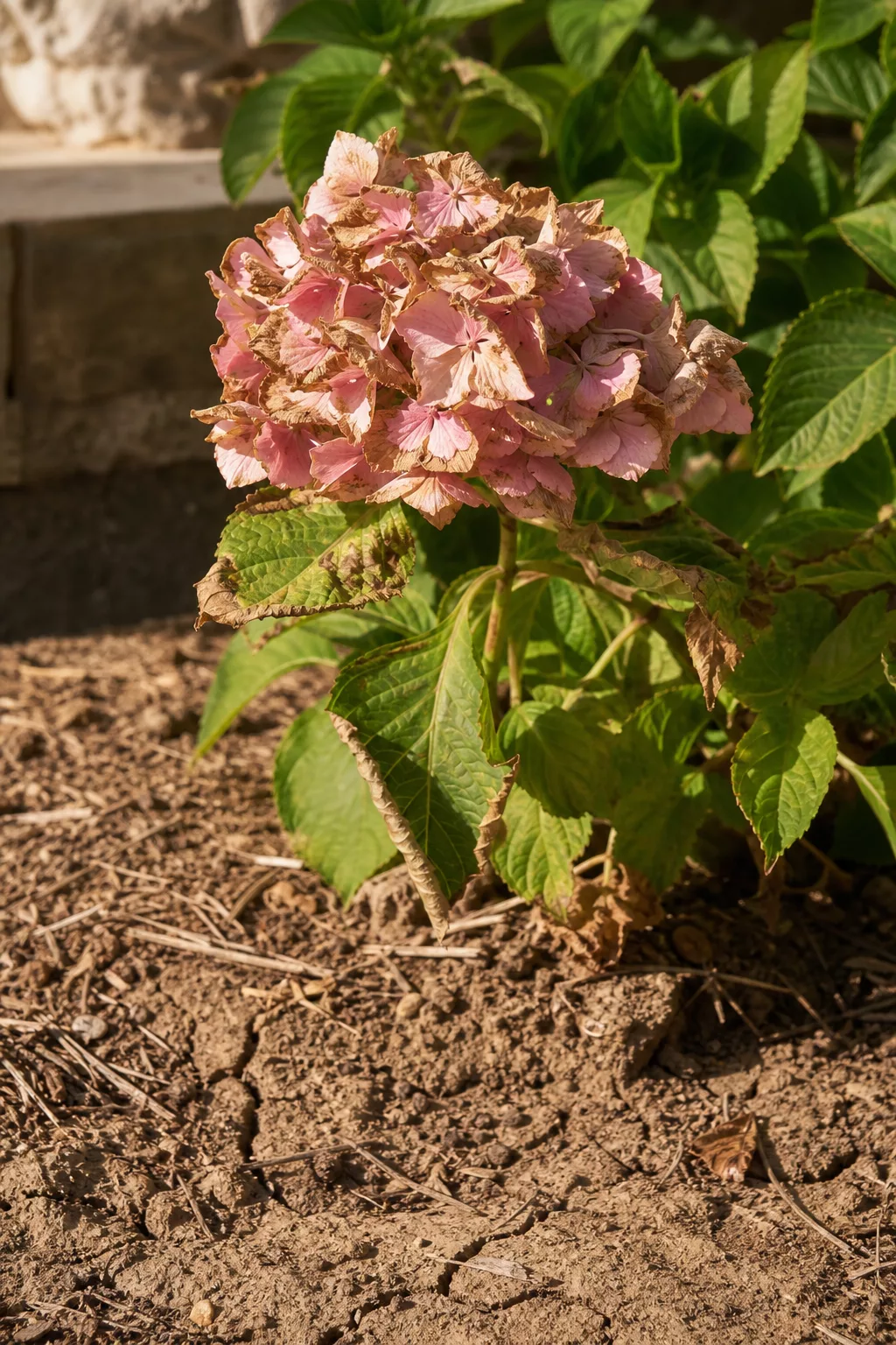 Vertrocknete, welke Hortensienblüte mit knisternden Blütenblättern auf trockener Erde
