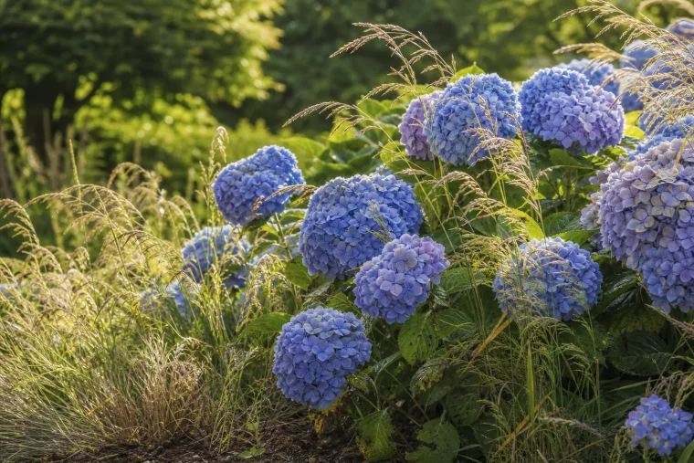 Hortensien und Ziergräser kombinieren in einem sommerlichen Staudenbeet