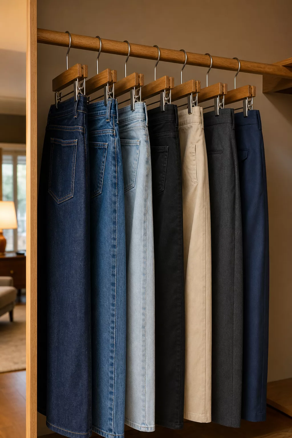 Mehrere Hosen hängen ordentlich aufgereiht auf Kleiderbügeln im Schrank