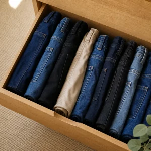 Hosen platzsparend falten: gefaltete Jeans stehen aufrecht in der Schublade