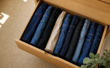 Hosen platzsparend falten: gefaltete Jeans stehen aufrecht in der Schublade